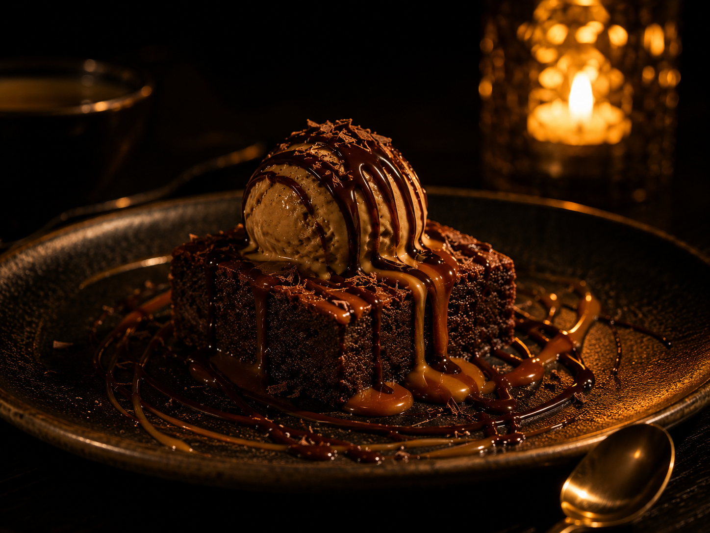 Brownie com gelato de café e calda de chocolate